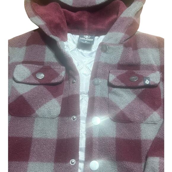 Volcom Boys Flannel hooded shirt jacket size 3T Maroon & Gray Plaid - Picture 2 of 3